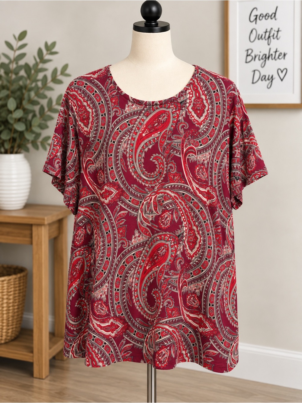 Croft & Barrow Paisley Short Sleeve Top 3X Burgundy Red